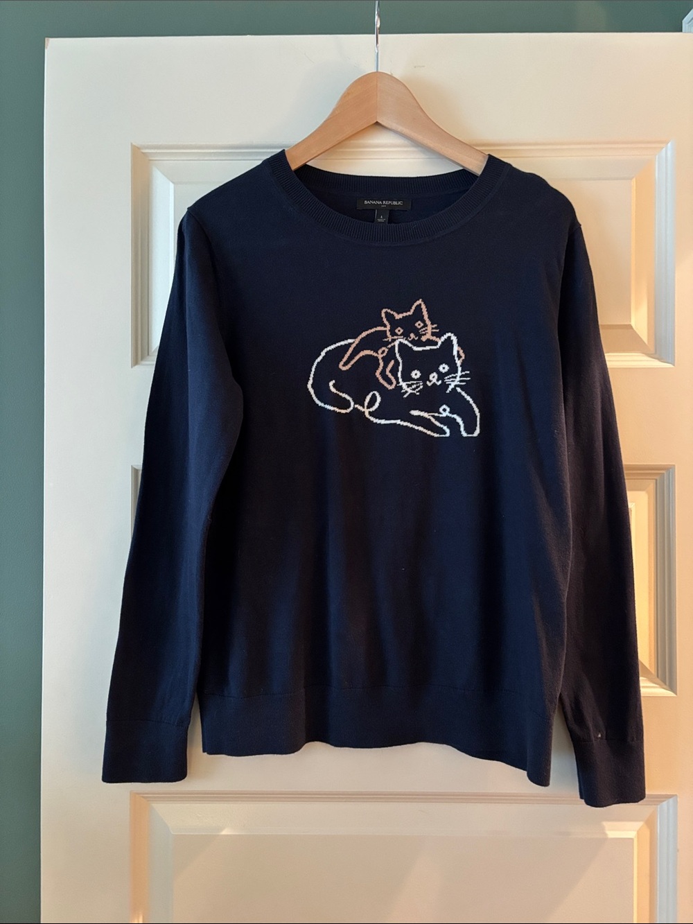 Banana Republic Navy Crewneck Intarsia Sweater with Cat and Kitten Graphic